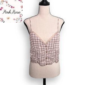 Pink Rose Gingham Gathered Cottagecore Crop Top Size Large